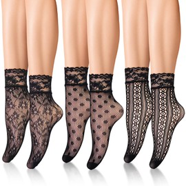 SIWOKJJO 6 Pairs Women Lace Ankle Socks, Black Pop Sock, Fishnet Short Stockings, Sheer Mesh Thin Socks for Women