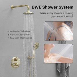 BWE Brushed Gold Shower System Modern Shower Faucet Set Including 5 Function Rain Shower Head and 5 Setting Handheld Spray Batroom Shower Fixtures with Shower Valve Kit