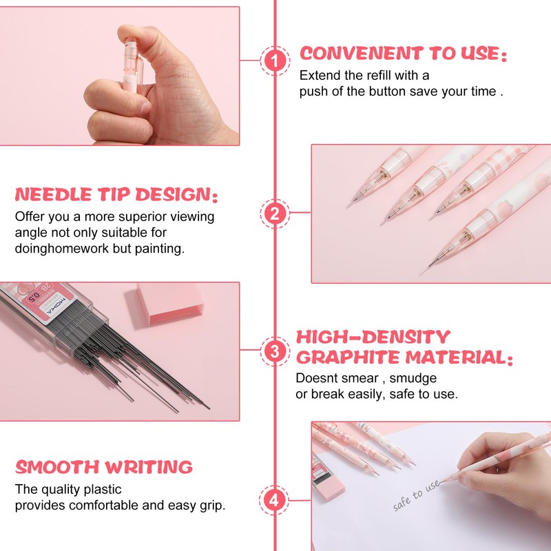 Mabor 4 Pcs Cute Mechanical Pencil Set Including 0.5mm Pastel