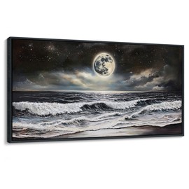 QZQCBLC Black and White Wall Art, Sea Beach Pictures Moon Starry Clouds Ocean Scene Framed Canvas Paintings Artwork for Living room Bathroom Bedroom Home Office Wall Pictures Decor 20x40 IN