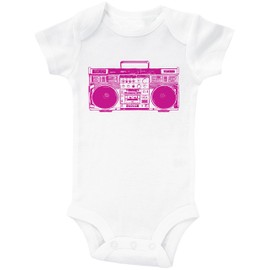 Baffle Retro Music Baby Onesie/Pink Boombox/Baby Bodysuit for Girls (18-24M, White SS)