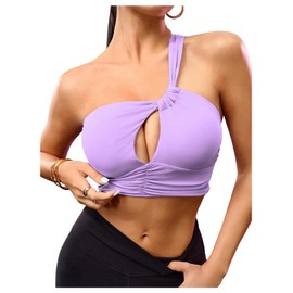 OYOANGLE Womens One Shoulder Sports Bras Twist Asymmetric Hollow Out Left Strap Yoga Workout Cute Support Sport Bras Purple Small