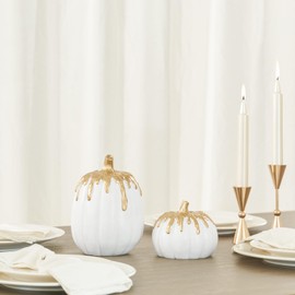 WDS WONDROUS Fall Pumpkin Decor, 2 PCS Resin Fake Pumpkin Figurines, White and Gold Pumpkins for Decorating, Harvest Thanksgiving Mantel Table Centerpiece Autumn Fall Home Decoration Gift Package