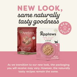 Applaws Wet Cat Food, 12 Count, Limited Ingredient Wet Cat Food Pouches, Tuna with Shrimp in Broth, 5.3oz Pouches