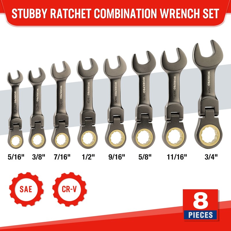 WORKPRO 8 Piece Flex Head Stubby Ratcheting Combination Wrench Set,