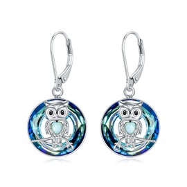 POTOPYY Owl Earrings 925 Sterling Silver Leverback Owl Drop Earrings Crystal Dangle Earrings Animal Jewelry Gifts for Women Anniversary