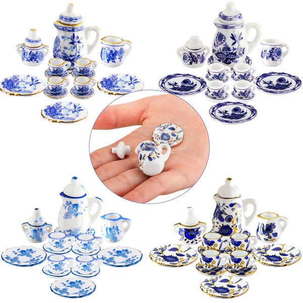 Juego de tazas de té de porcelana miniatura a escala 1:12, diseño de flores, flor de ciruelo, porcelana azul, rosas rojas, juego de 60 piezas, tazas y tetera, accesorios de porcelana elegante