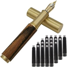 Pluma estilográfica de madera de latón hecha a mano, tamaño pequeño, 85 mm, con 20 cartuchos de tinta negra, rayas negras marrones