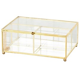 Deco 79 Glass Decorative Jewelry Box 3 Slot Jewelry Organizer with Gold Metal Frame and Chain Accent, Jewelry Holder 7" x 5" x 3", Clear