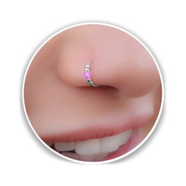 Pink Opal silver nose ring -Ultra Thin 24G Sterling Silver Nose ring piercing ring -pink tiny nose hoop opal - 7mm nose hoop