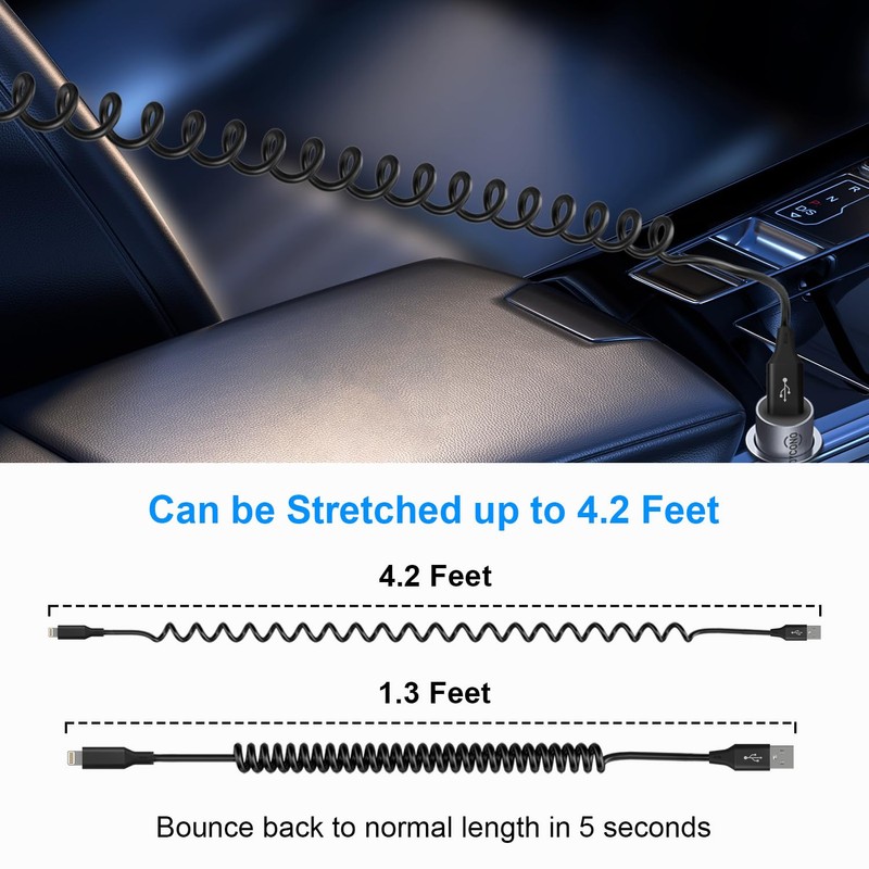 Coiled Lightning Cable 2 Pack, Apple Carplay Cable& MFi Certified,