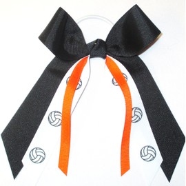 Volleyball Hair Bow - Made in the USA, White Pony Band (Black/Orange)