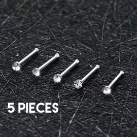 TheNoseyJeweler 5 Piece Lot of Surgical Steel Pin Shaped Silver Nose Rings Clear Color 20G Studs