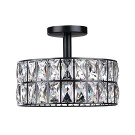 Crystal Farmhouse Drum Semi Flush Mount Close to Ceiling Lamp Fixture,for Living Room Dining Room Bedroom Kitchen Island Hallway (Black Finish, 10" Semi Flush Mount)