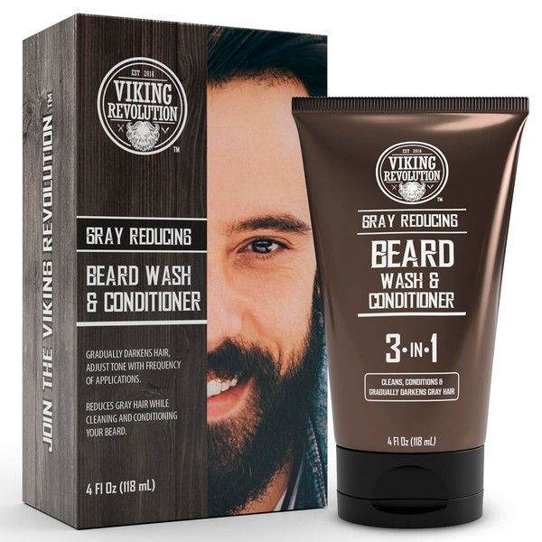 Viking Revolution Mens Beard Dye for Men Dark Brown - Grey Reducing Shampoo Beard Coloring for Men - Mens Beard Color Mustache Dye for Men - Grey Reducing Beard Wash and Conditioner (4 Oz, Dark Brown)