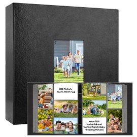 1000 Pocket Photo Album 4x6 Leather Cover, Extra Large Capacity Holds 1000 Horizontal and Vertical Photos, Acid Free Non Stick Pages with Front Window, Perfect for Wedding Family Baby Memories (Black)