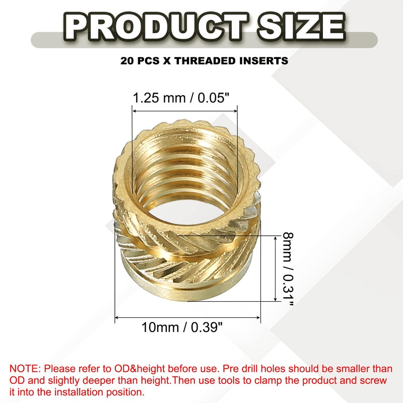 PATIKIL Threaded Inserts M8x8x10mm, 20 Pcs Brass Heat Set Insert