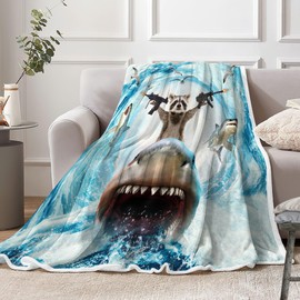 Uokiuki Funny Animal Throw Blankets, Cute Raccoons Ride Shark Ocean Waves Cozy Warm Bed Couch Blanket, Nautical Coastal White Fleece Flannel Throws to Decorate The Room and Bedroom