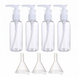 Set di 4 Flaconi da Viaggio 60 ml per Liquidi con 3 Imbuti, Contenitori Liquidi 60 ml con Pompa, Boccette da per Shampoo, Bagnoschiuma e Lozioni, Kit Viaggio Aereo Trasparente