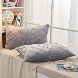 JAUXIO Diamond Pinch Pleated Crystal Velvet Pillowcases 2 Pack Solid Pintuck Throw Cushion Cover for Home Decor Hidden Zipper Closure (20x36 Inches, Light Grey)