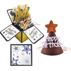 Happy Birthday Pop Up Card for Women Men Funny Birthday 3D Greeting Box Card with Envelopes，Note Tag and Birthday Party Hat(Golden)