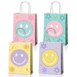 JOYGATHER 24 Pcs Smile Face Party Favors Bags with Handles, Pastel Goodie Bags, Gift Bags, Candy Bags with 4 Different Types, Groovy Kraft Paper Bags for Birthday Party Supplies Baby Shower Decorations