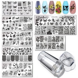 LoveOurHome Nail Stamping Plate Kit Flower Butterfly Lace Animal Fingernails Template Stencil Stamps Plate Silicone Stamper Scraper Manicure Design Tools Set (Butterfly)