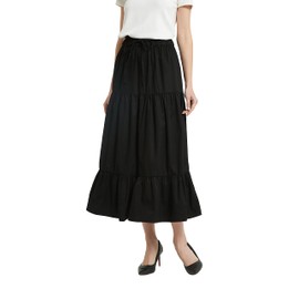 Tronjori Womens A Line Long Midi Denim Skirt Tired Pleated Layers Elastic Waist Front Drawstring(XXL, Black)