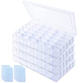 PLMMOUT 4 Pack Clear Plastic Organizer Box,36 Grids Clear Bead Organizer with Adjustable Divider for Bead Art DIY Craft Jewelry Fishing with 512 Label Stickers