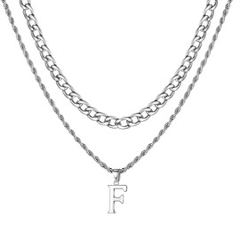 VCCKNB JEWELRY Initial Necklaces for Men, A-Z Letter Necklace 316l Stainless Steel Cuban Link Chain Layered Alphabe Pendant Necklace for Boyfriend Lover Valentines Gift (F)