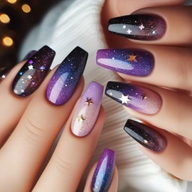 Press on Nails Medium Coffin Fake Nails with Stars Designs Purple Acrylic Nails Starry Sky Nails Press ons Summer Glue on Nails Cute False Nails Artificial Stick on Nails for Women 24Pcs