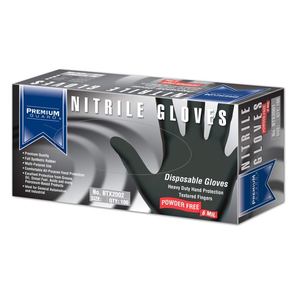 Premium Guard - Nitrile Gloves - Disposable, Powder Free, Latex Rubber Free, 5 mil, Black Nitrile Gloves, 100 gloves per Box, Size - XL