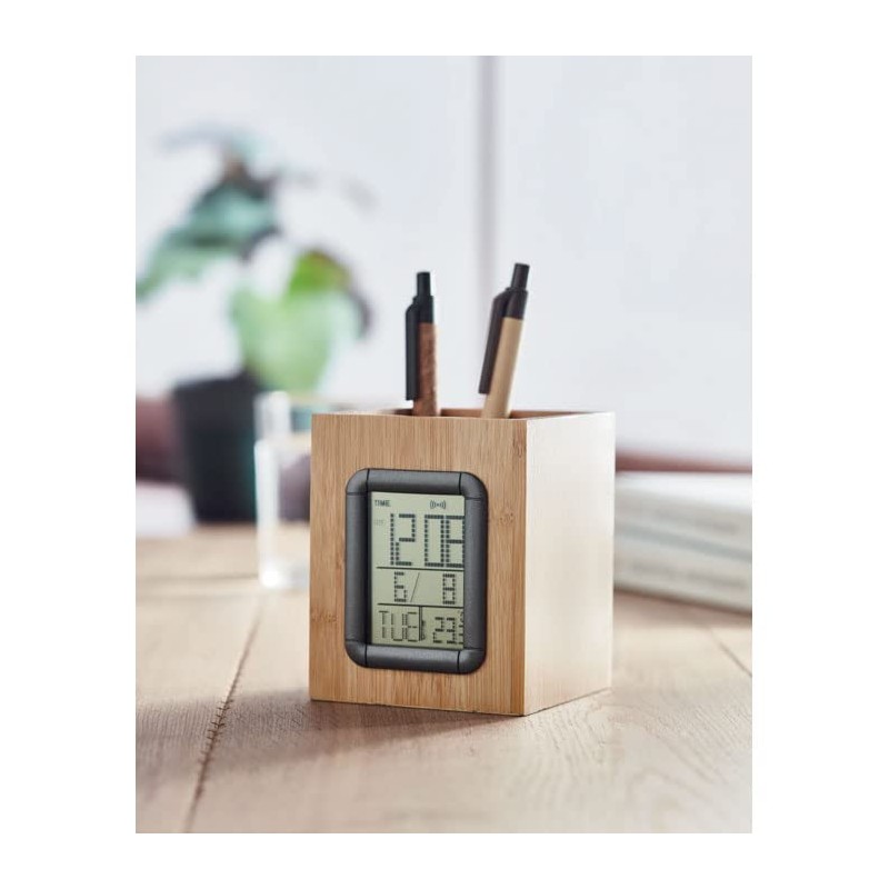 noTrash2003 Pen Holder Desk Organiser Sustainable Bamboo with Clock Calendar