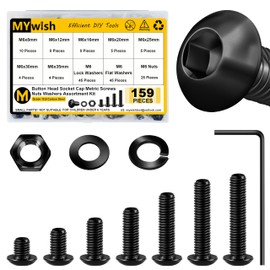 Mywish 159Pcs M6 Screw Metric Screw Assortment, Grade 10.9 Alloy Steel Hex Socket Button Head, Metric Bolt Assortment, Flat & Spring Lock Washers/Nuts/Hex Wrenche, Black Oxide