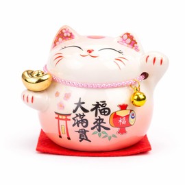 kcrygogo Pink Maneki Neko Lucky Cat Figurine, Ceramic Japanese Fortune Cat Statue Holding Gold Ingot, Cute Good Luck Desk Shelf Table Decor, Small Gift for Home Office Shop