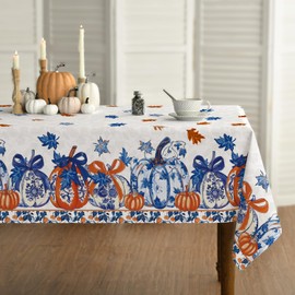 Horaldaily Fall Tablecloth 60×120 Inch Rectangular, Blue Orange Porcelain Autumn Harvest Pumpkin Washable Seasonal Table Cover for Party Picnic Dinner Decor