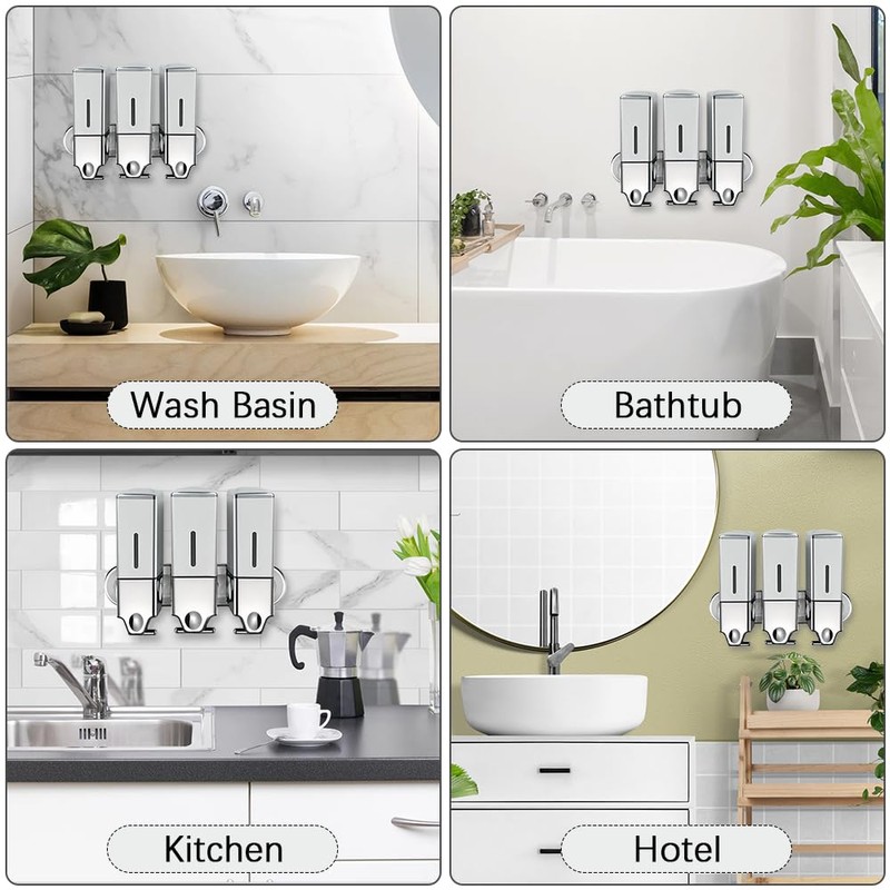 No-Drill 3 Pack 500ml Wall Mounted Soap Dispenser for Bathroom