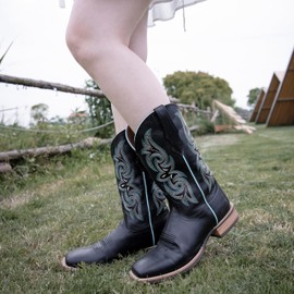 Palitutu Cowboy Boots for Women Square Toe Western Boots Wide Calf Cowgirl Boots Pull On Embroidered Full Grain Leather(PLT203604-6B-Black)