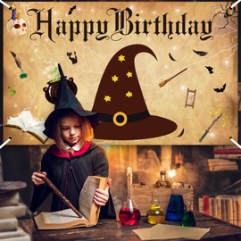 Hillsuren Wizard Birthday Backdrop Banners, 6 x 3.6 ft Happy Birthday Party Supplies Wizard Hat Party Background Photo Booth for Boys Girls Indoor Outdoor School Wall Decoration