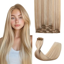 Sweetmet Air2.0 Remy Real Human Hair Extensions Clip ins 4pcs #27p60 Caramel Blonde Mixed Platinum Blonde Remy Clip in Hair Extensions Real Human Hair 16inch 50g Seamless Double Weft（#27p60-16inch）