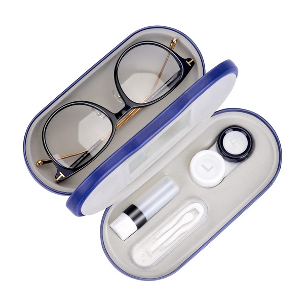 Muf 2 in 1 Double Sided Portable Contact Lens Case and Glasses Case, Dual Use Design with Built-in Mirror, Tweezers and Contact Lens Solution, Bottle Included for Travel Kit, blue, Dual use: double