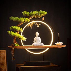 TXYXT Shakyamuni Buddha Ceramic Statue Indoor Backflow Incense Burner with Led Ring Light，Meditation Decoration for Home and Office, Suitable for Cone and Stick Incense