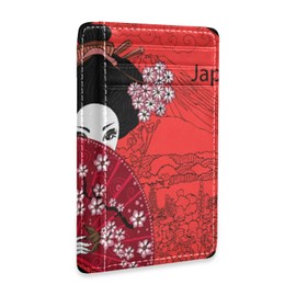Japanese Woman Girl Hairstyle Cherry Blossoms Mount Fuji Red Style Slim Minimalist Wallet, Front Pocket RFID Blocking Leather Credit Card Holder, Case Protector Covers for Men Women