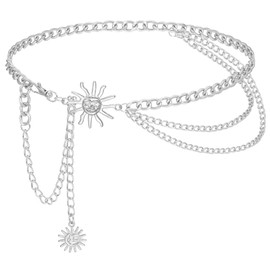 Liutufy Waist Chain Belts for Women Metal Link Moon Star Body Chain Belt Ladies Waist Chain Belt for Jeans Dress (Silver Double Sun-XL)