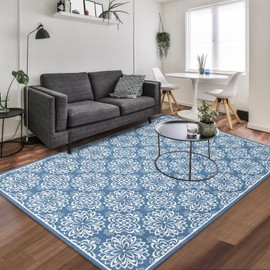 WESTLOOM Area Rugs 8x10 Modern Floral Washable Rugs for Living Room Non Slip Low Pile Bedroom Rug Indoor Soft Throw Carpet Non-Shedding Foldable Nursery Dorm Home Office Accent Rug Blue