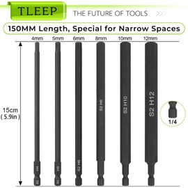 TLEEP 6 x 150mm 1/4 Inch Hex Head Allen Wrench Drill Bits, Metric 12mm 10mm 8mm 6mm 5mm 4mm, Magnetic Tips Screwdriver Socket Bit Set for Ikea Type Furniture, 5.9" Long Drill Bit Set