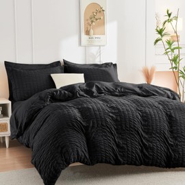 MUXHOMO 5 Pieces Twin XL Comforter Set, Seersucker Bed in a Bag Twin XL Size, All Season Luxury Bedding Set with Comforter, Flat Sheet, Fitted Sheet, Pillowcase & Sham, Black