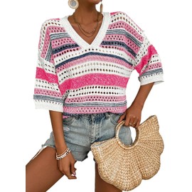 Acelitt Womens Spring Summer Short Sleeve Crochet Knit Sweater 2024 Fashion Trendy Hollow Out V Neck Striped Knitted Tops Beach Swimsuit Cover Ups Pink Small