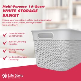 Life Story Large Storage Basket, Decorative Plastic Home Organizer, Lightweight Versatile Tub with Built-In Handles, 16 Quart, White
