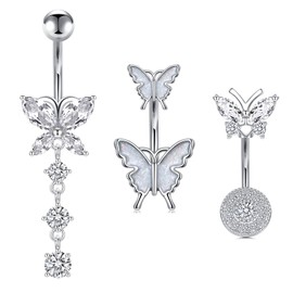 AVYRING Belly Button Bars Butterfly Dangle 10MM 14G Stainless Steel Women Navel Rings Belly Piercing Silver